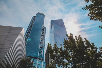 Low-angle shot of high-rise buildings.