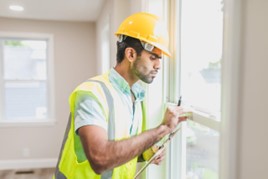 Man in a safety vest and helmet checking the window of a building.