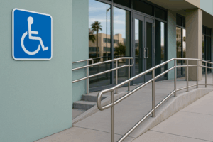 wheelchair ramp in front of commercial building
