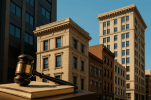 los angeles skyline with gavel