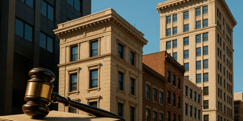 los angeles skyline with gavel