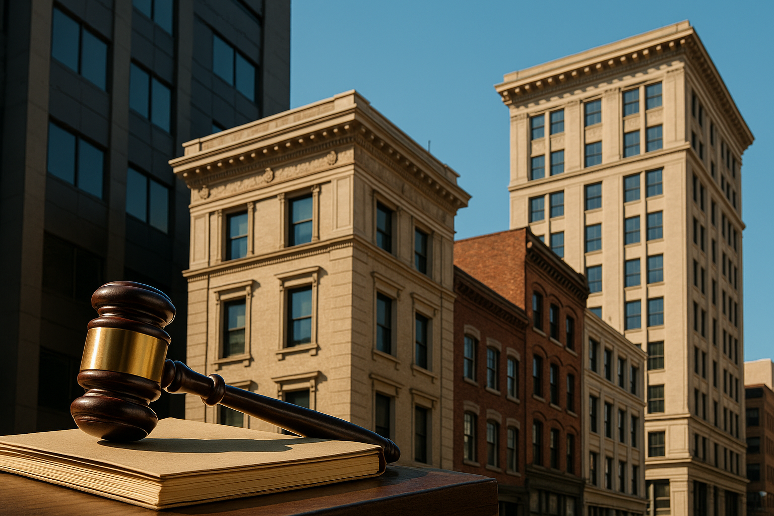 los angeles skyline with gavel