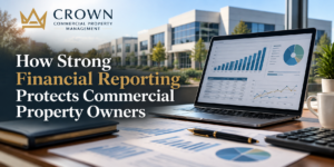financial reporting on laptop in front of commercial building