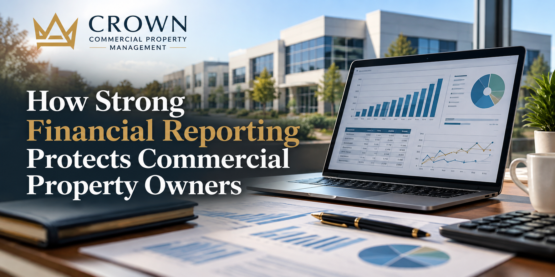 financial reporting on laptop in front of commercial building